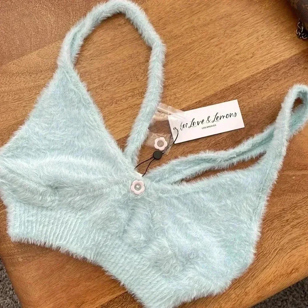 NWT For Love & Lemons Devon Mohair Crop
Top Large Baby Blue Luxe Plush Bralette